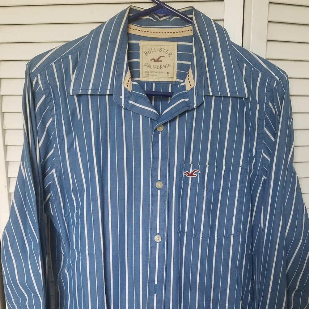 Blue striped long sleeve button up dress shirt